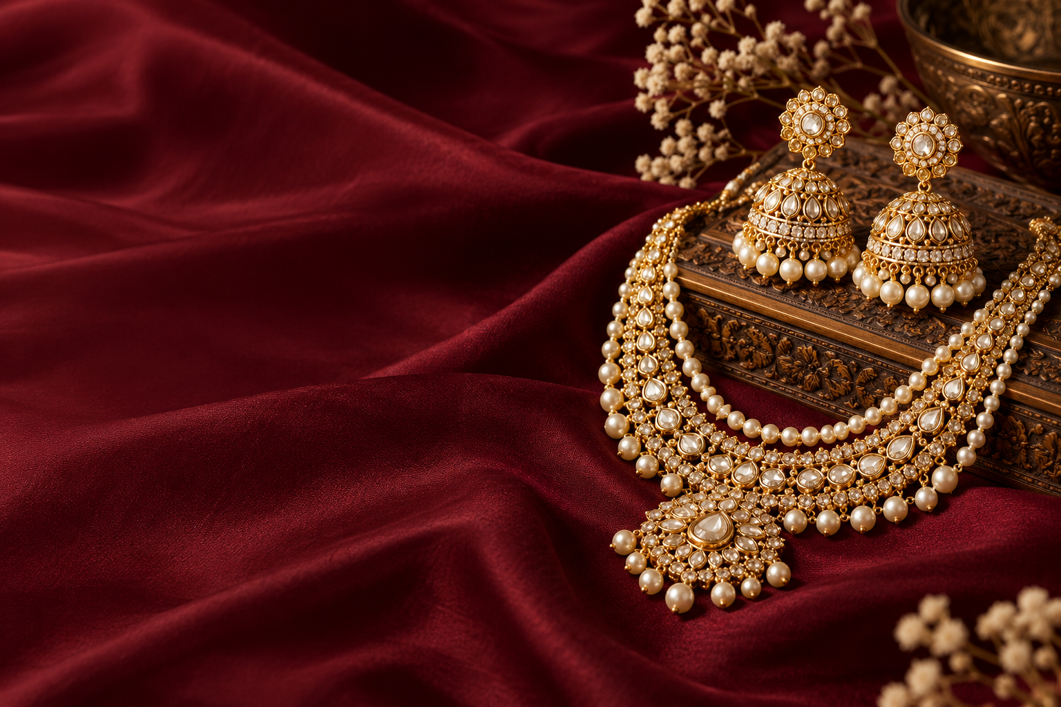 Gold-tone earrings and necklace on burgundy silk